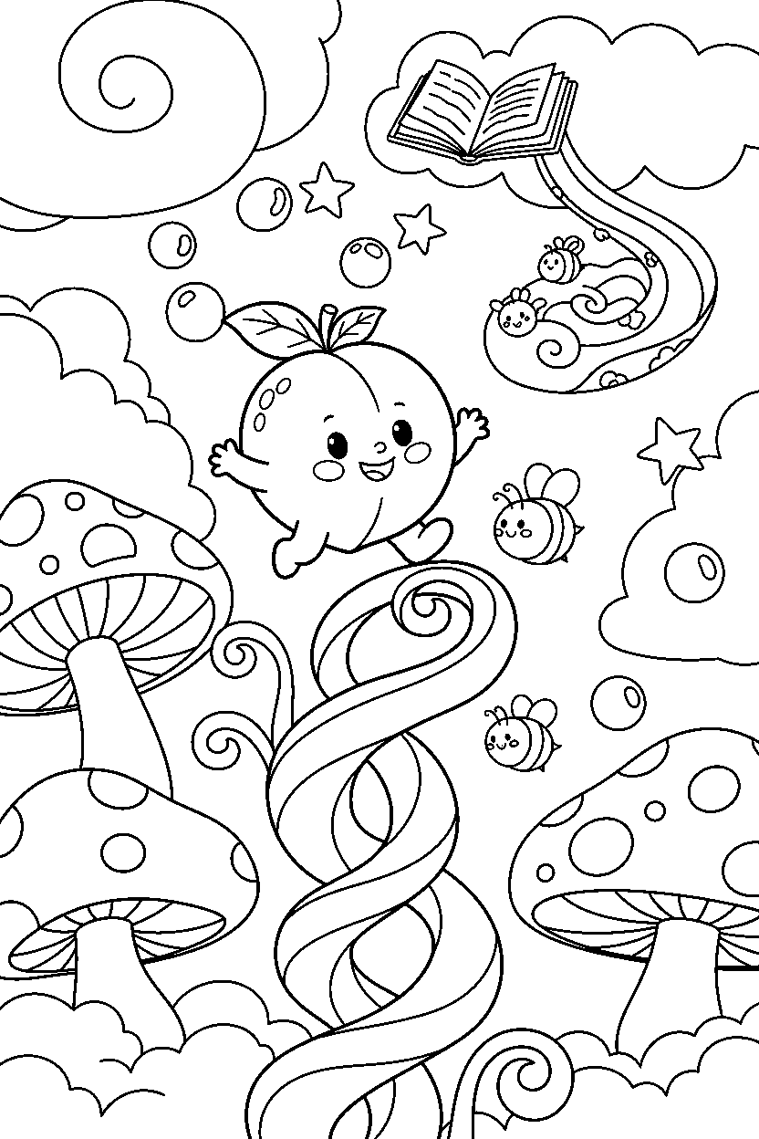 baby peach climbing happily in a magical world line art