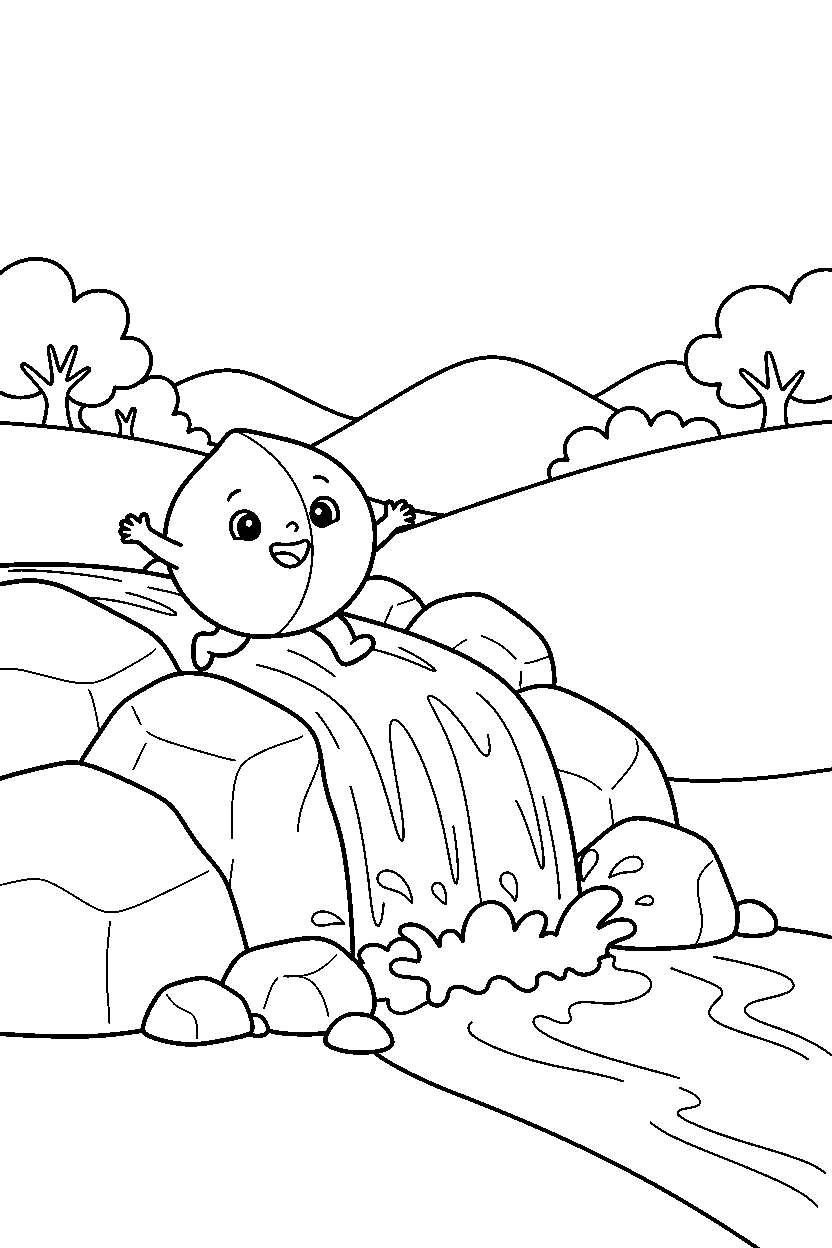 baby peach climbing happily near a waterfall line art