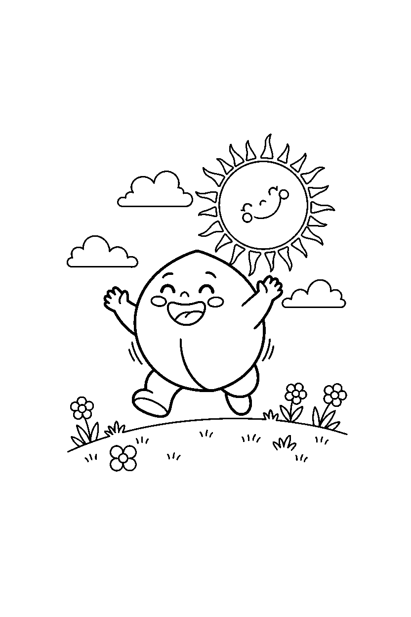 baby peach jumping with joy on a sunny hill line art