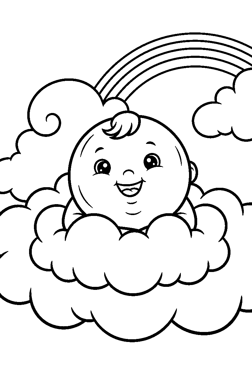 baby peach smiling happily in a cloud world line art