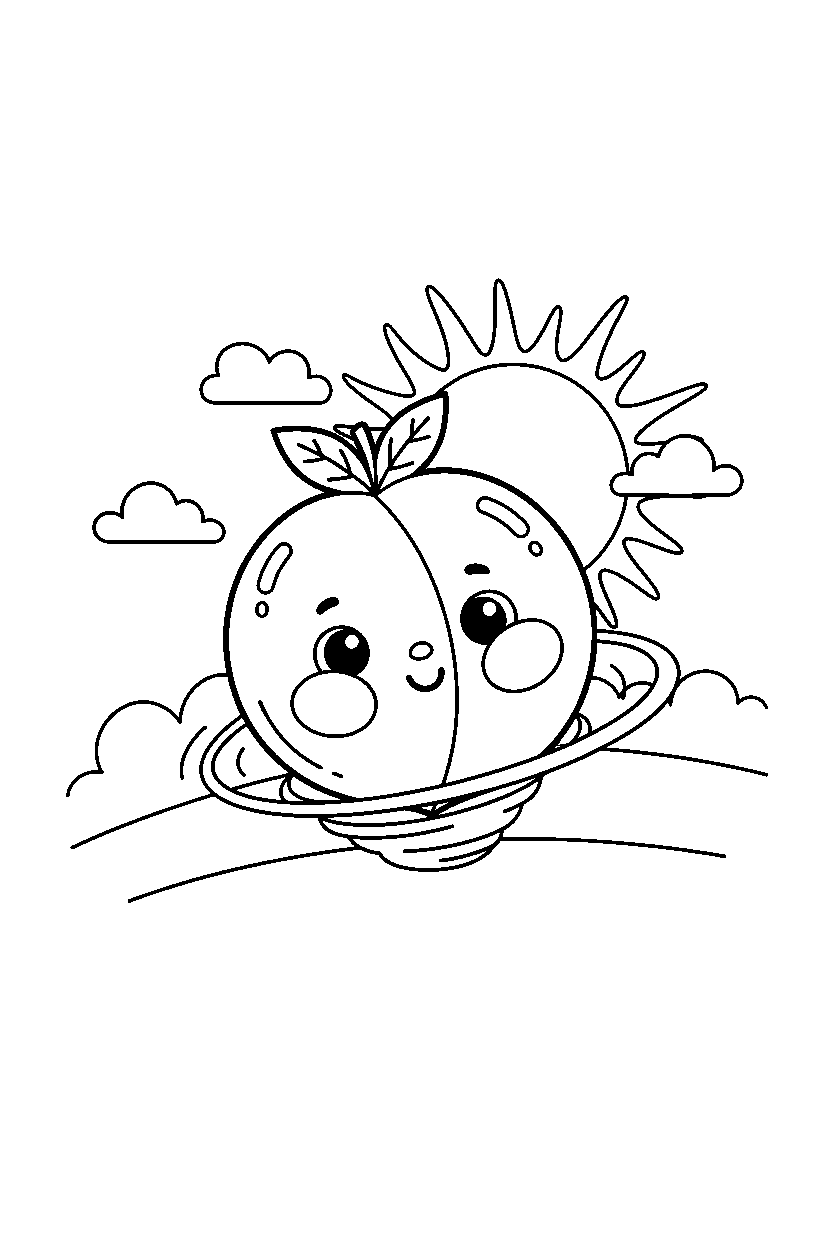 baby peach spinning happily on a sunny hill line art
