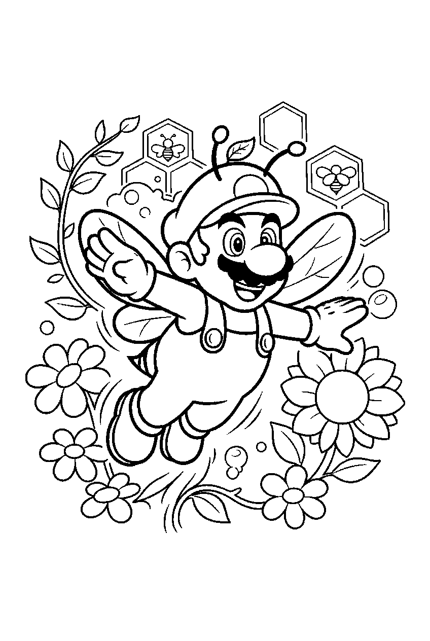 bee mario flying among flowers in honeyhive galaxy line art