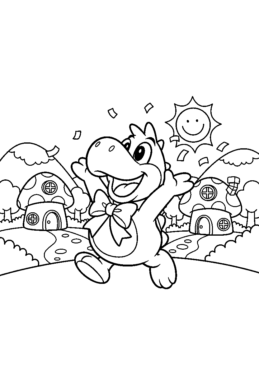 birdo celebrating happily in a peaceful village line art
