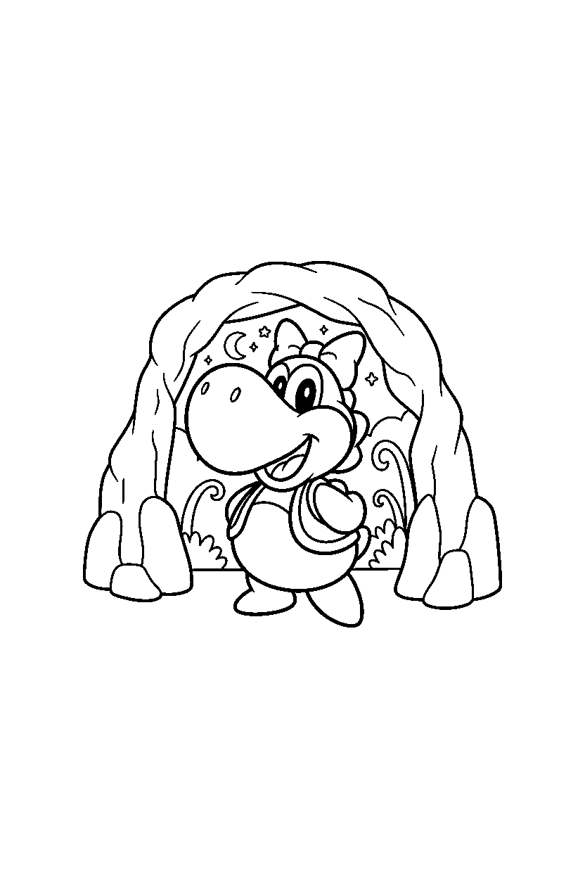 birdo looking happy in a hidden cave line art