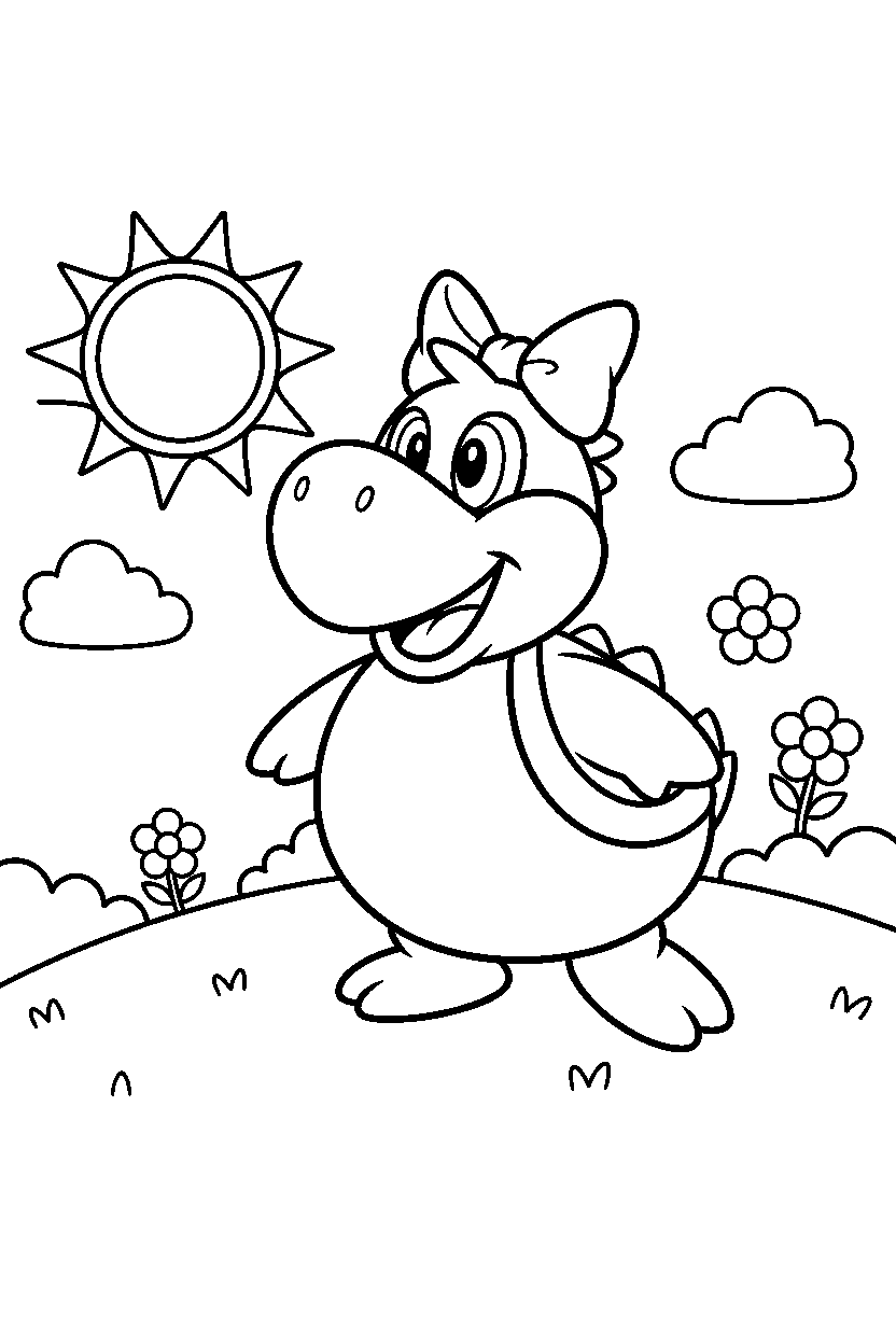 birdo looking happy on a sunny hill line art