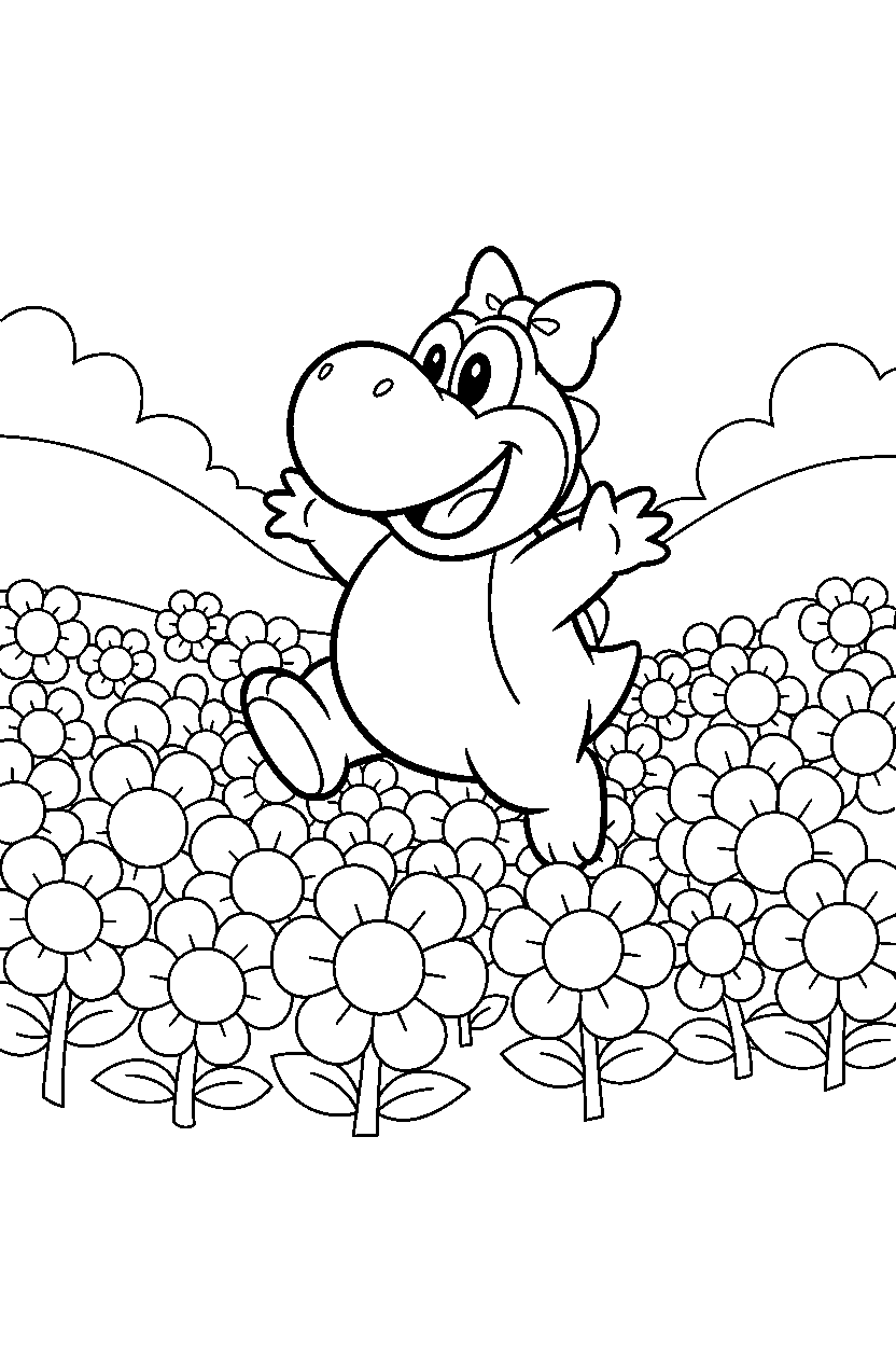 birdo playing happily in a flower field line art