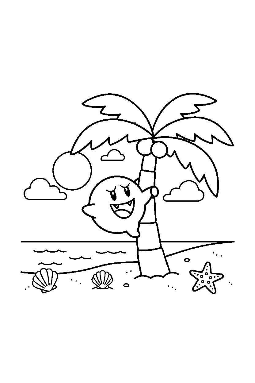 boo from super mario series climbing happily in a beach level line art