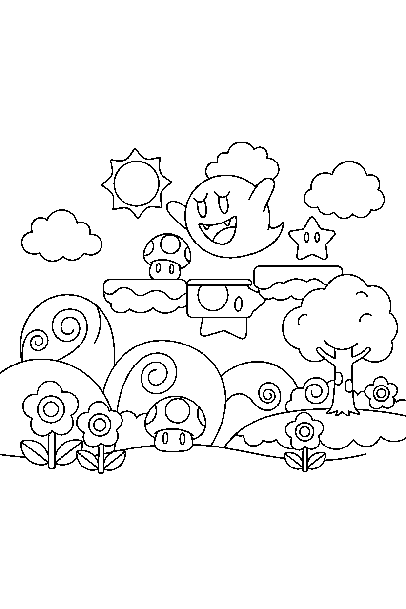 boo from super mario series climbing happily in a colorful world line art