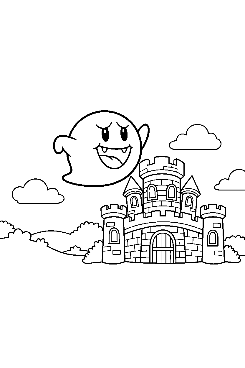 boo from super mario series climbing happily near a castle line art