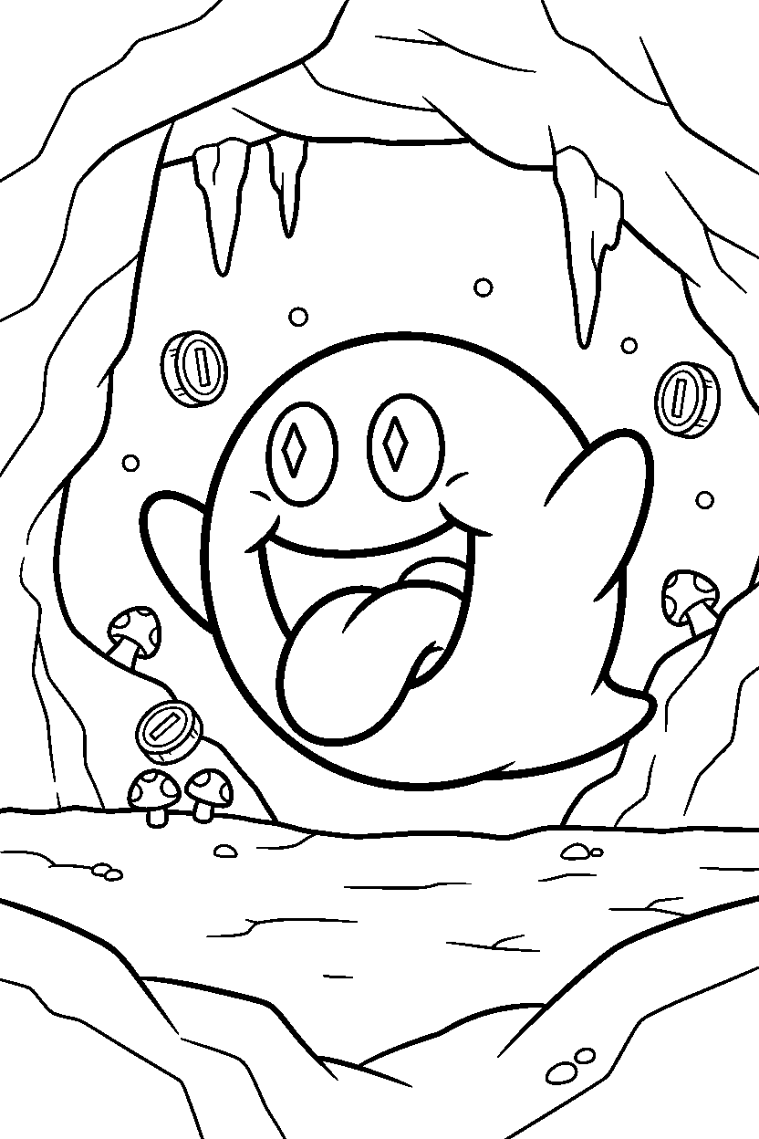 boo from super mario series looking excited in a cave level line art