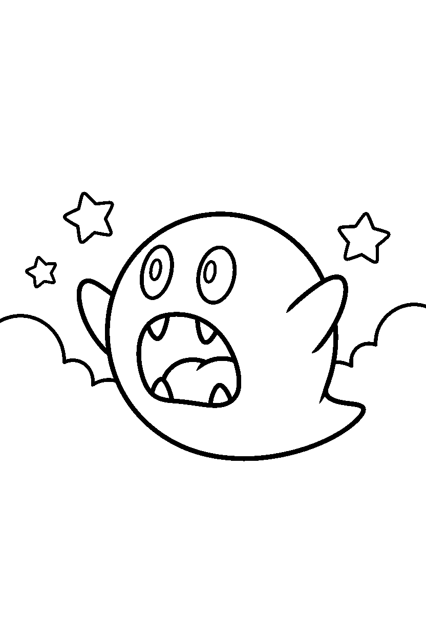 boo from super mario series looking surprised in a sky level line art