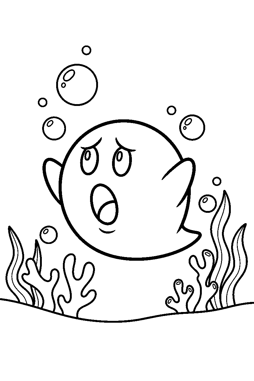 boo from super mario series looking surprised underwater line art