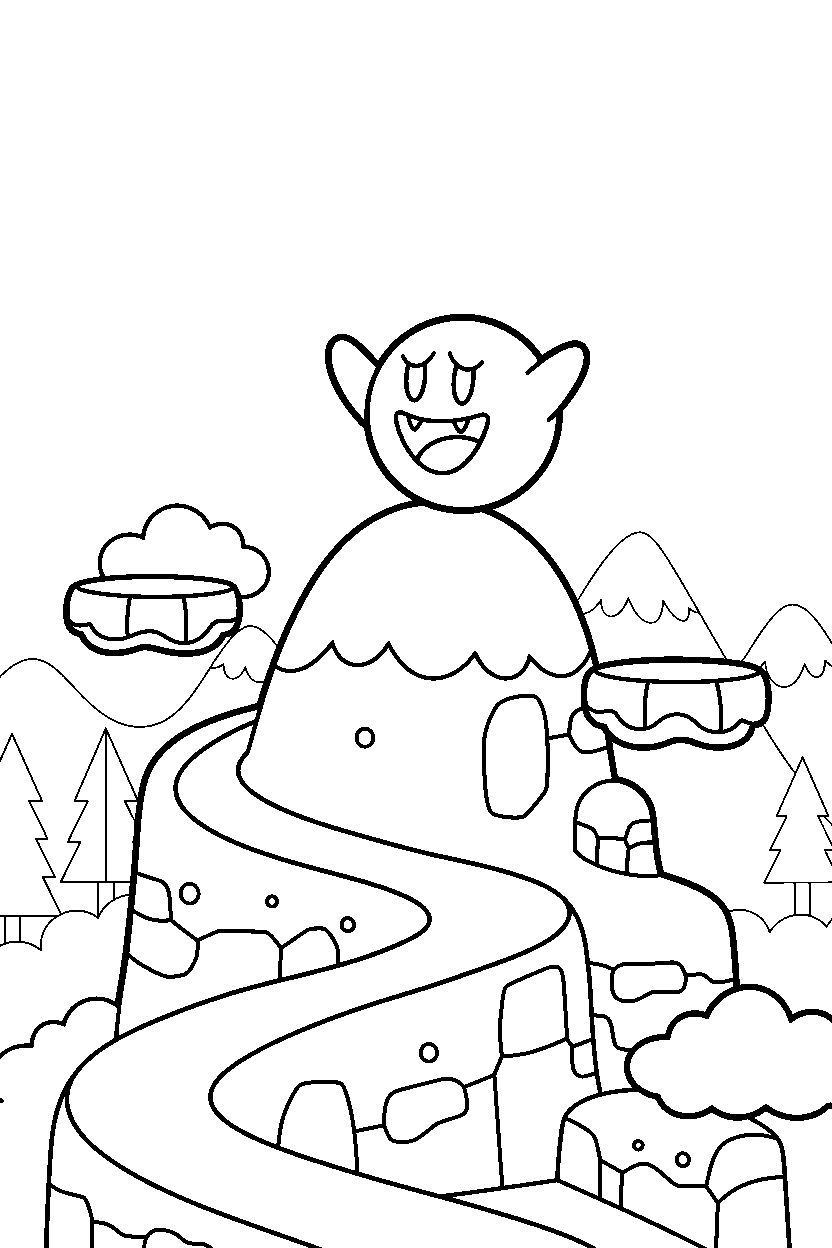 boo from super mario series waving happily on a mountain level line art