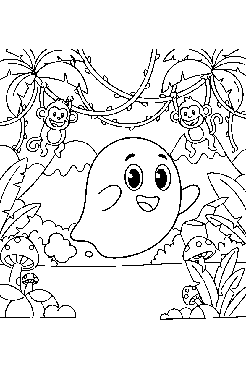 boo walking happily in a jungle level line art