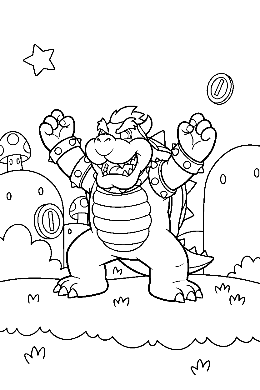 bowser celebrating adventure in a grassy level line art
