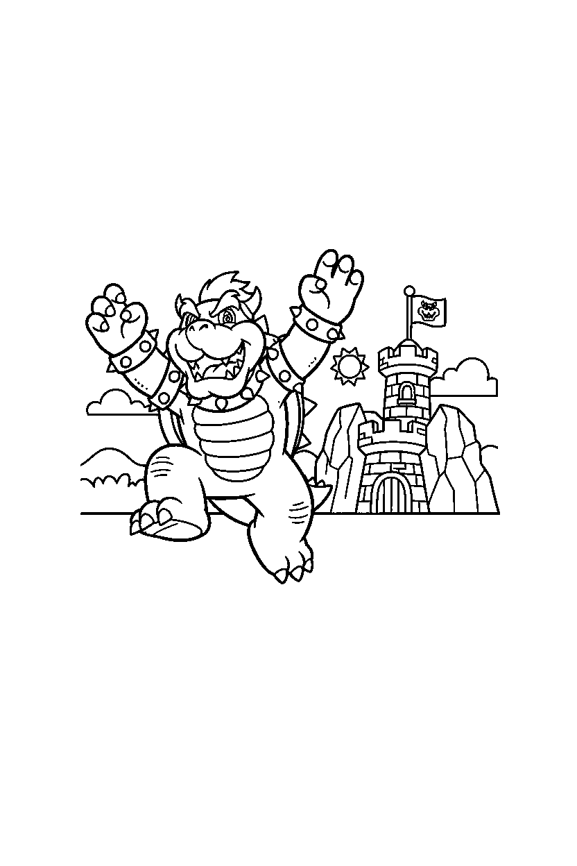 bowser celebrating adventure near a fortress line art