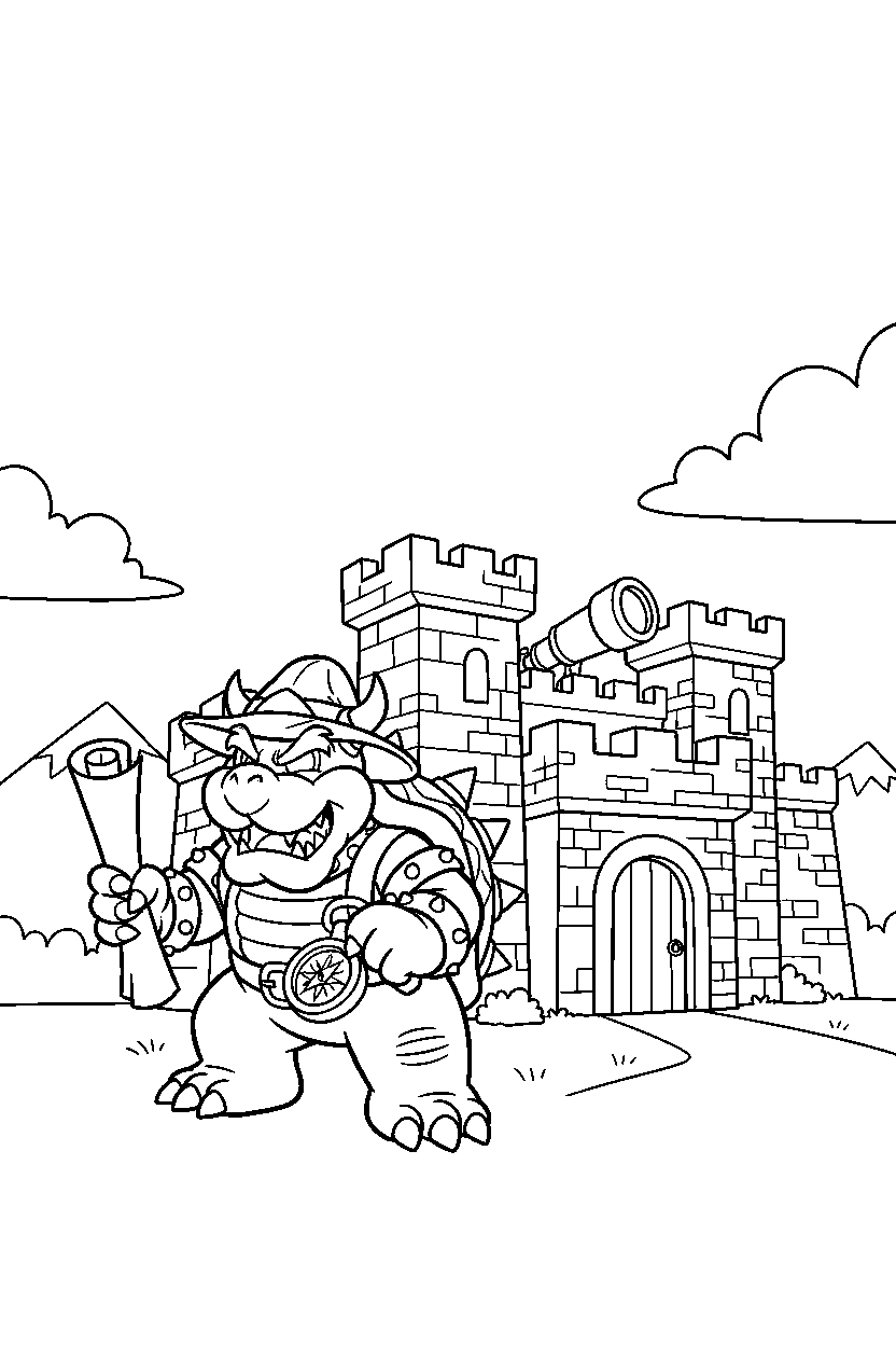 bowser getting ready to explore near a fortress line art