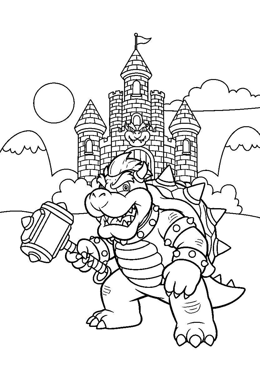 bowser holding an item near a castle line art