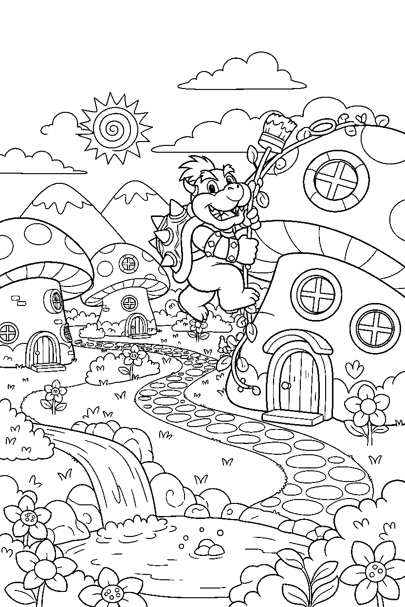 bowser jr climbing happily in a peaceful village line art