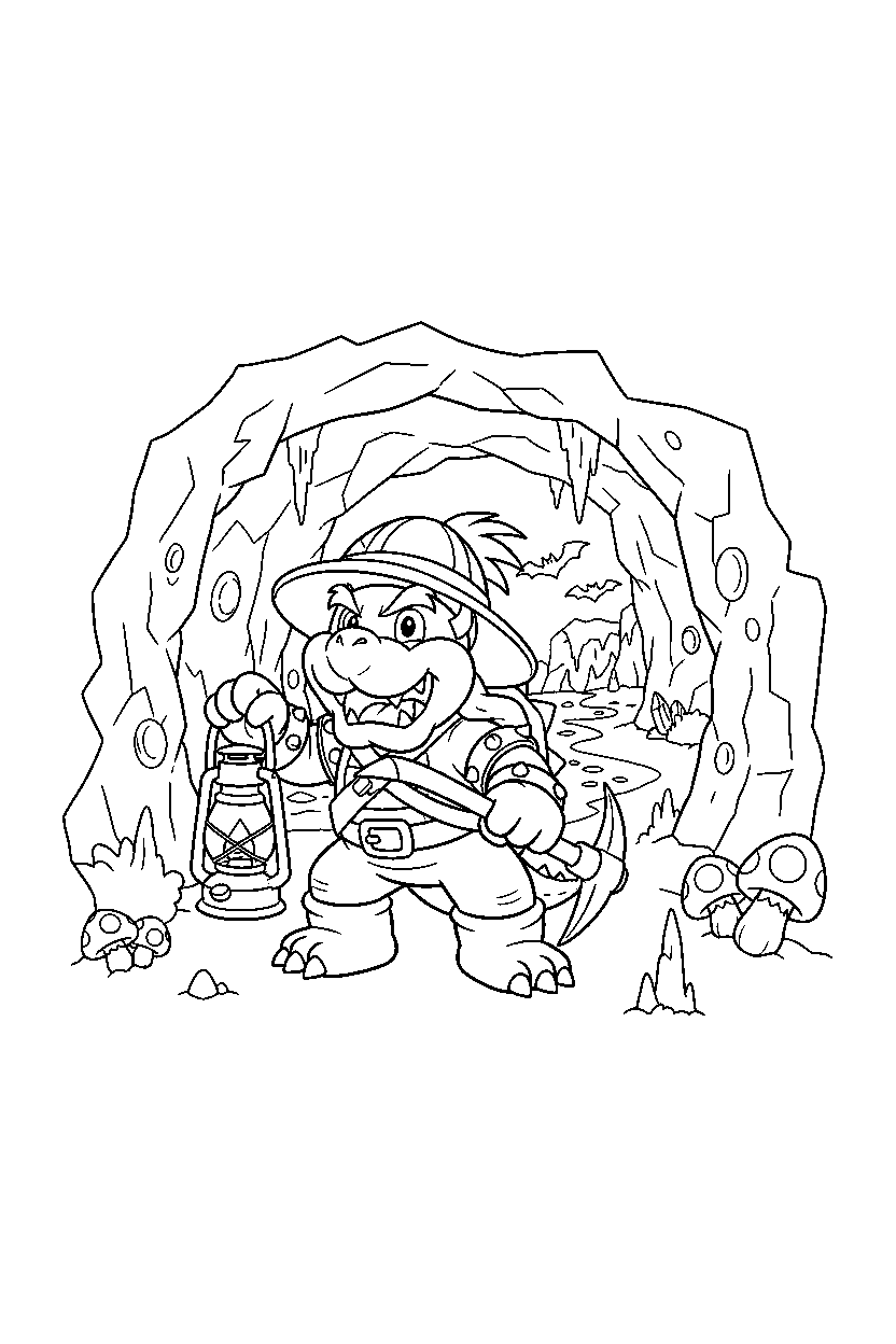bowser jr getting ready to explore in a cave level line art