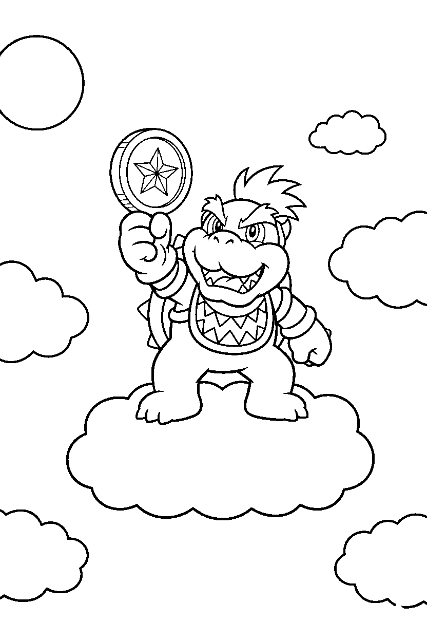 bowser jr holding a coin on cloud platforms line art