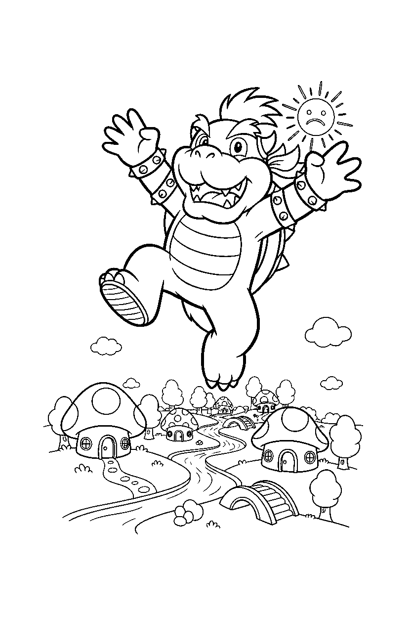 bowser jr jumping with joy in a peaceful village line art