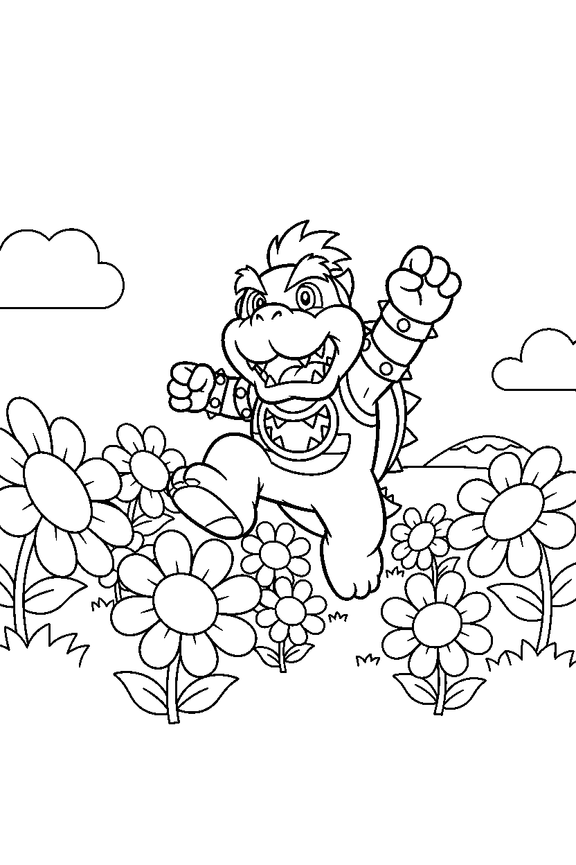 bowser jr looking excited in a flower field line art