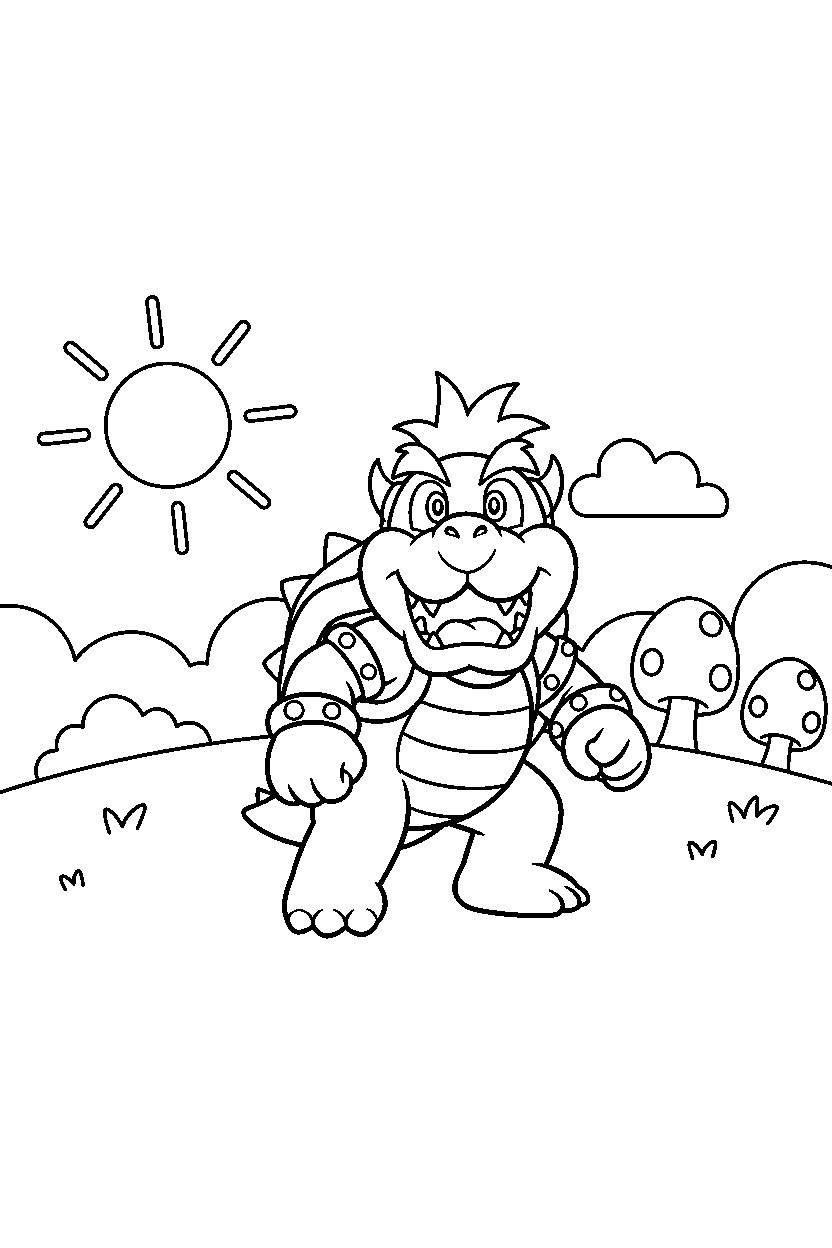 bowser jr looking surprised on a sunny hill line art