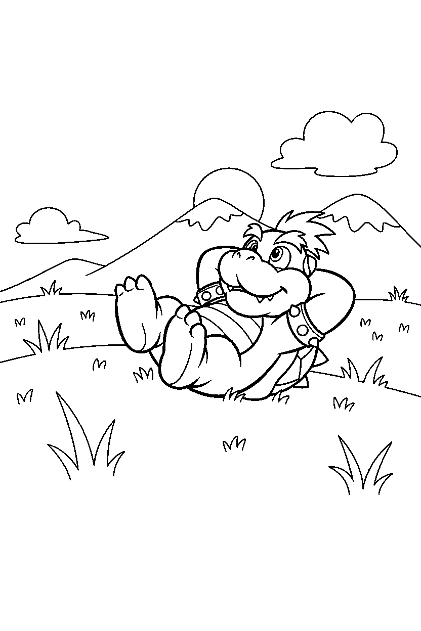bowser jr relaxing peacefully in a grassy level line art