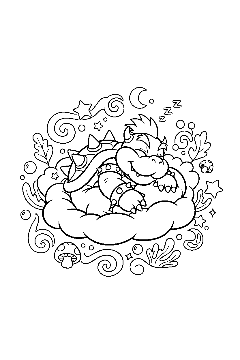 bowser jr resting happily in a magical world line art