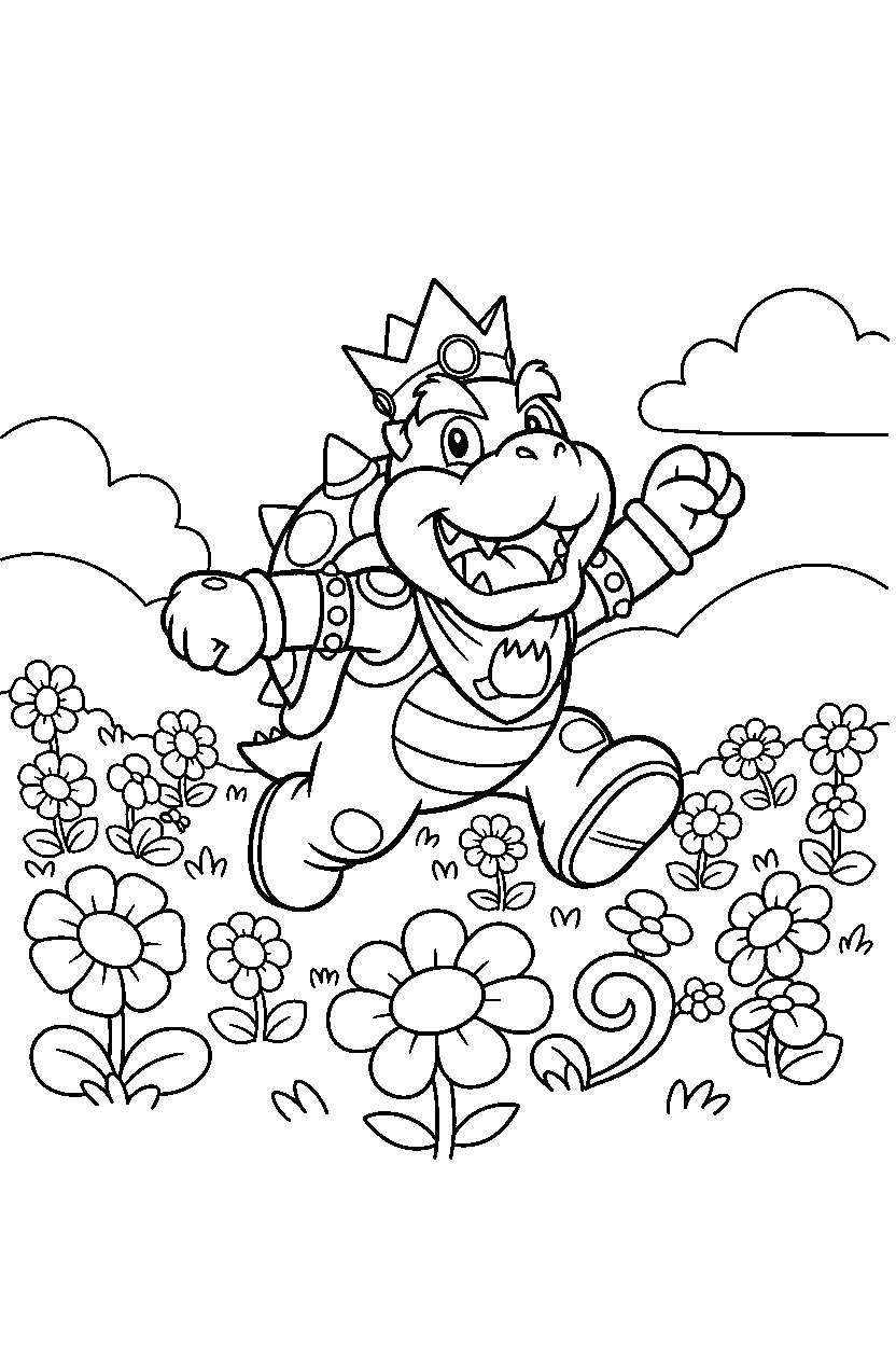 bowser jr running happily in a flower field line art