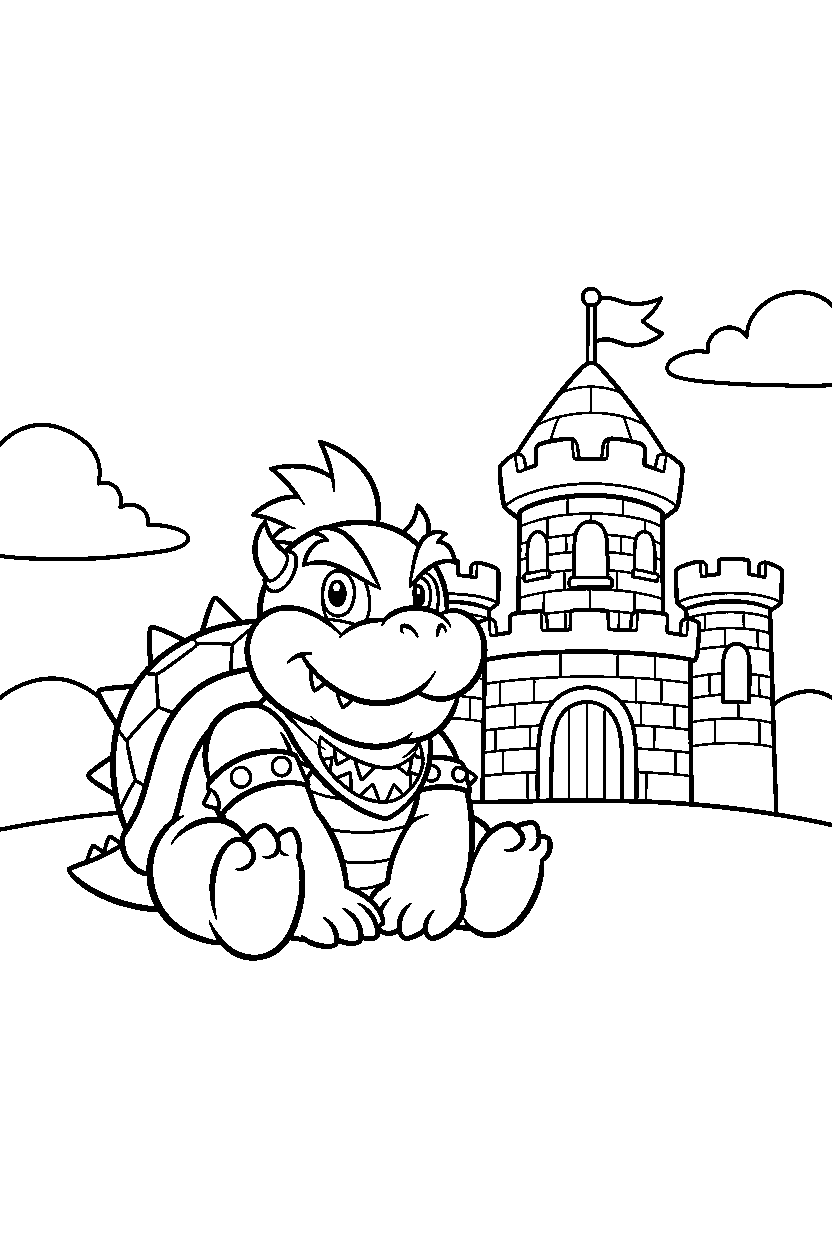 bowser jr sitting peacefully near a castle line art