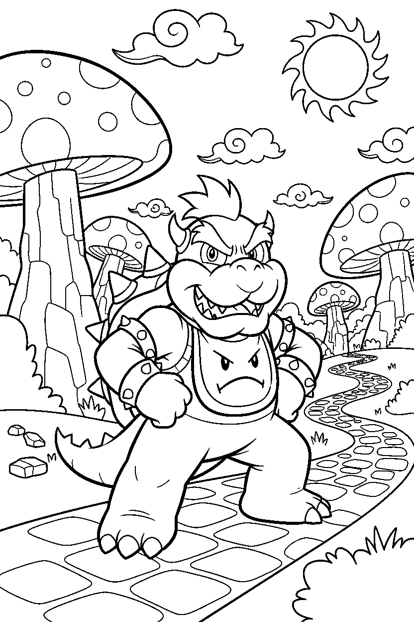 bowser jr standing bravely in a fantasy land line art