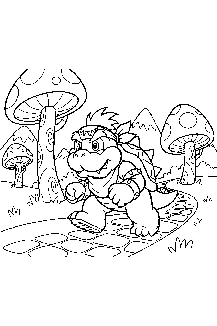 bowser jr walking carefully in a fantasy land line art