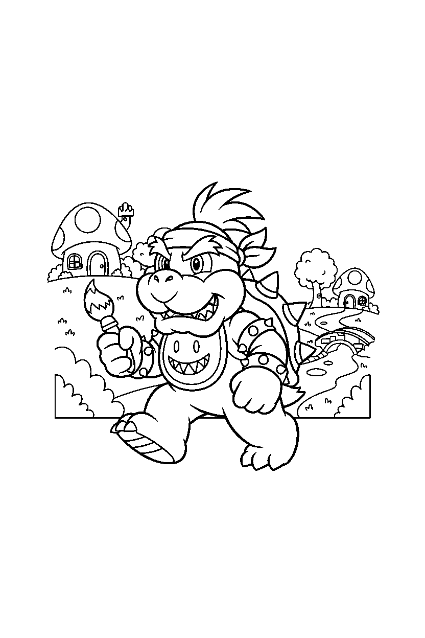 bowser jr walking carefully in a peaceful village line art
