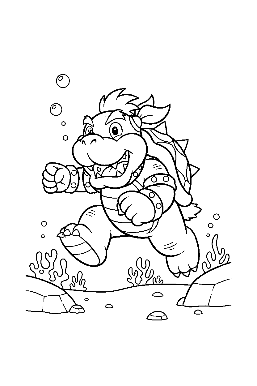 bowser jr walking happily underwater line art