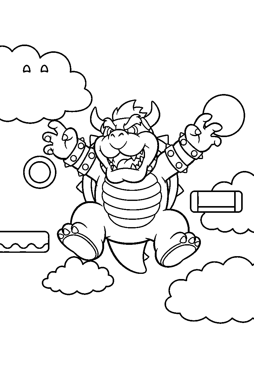 bowser jumping happily in a sky level line art