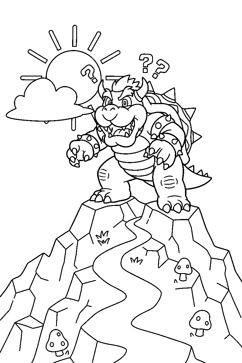 bowser looking surprised on a mountain level line art