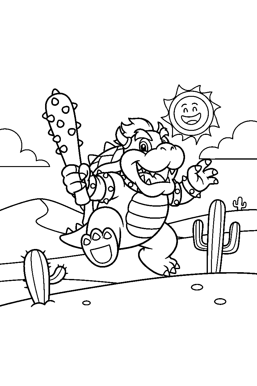 bowser playing happily in a desert level line art