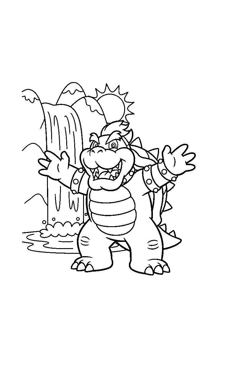 bowser posing happily near a waterfall line art