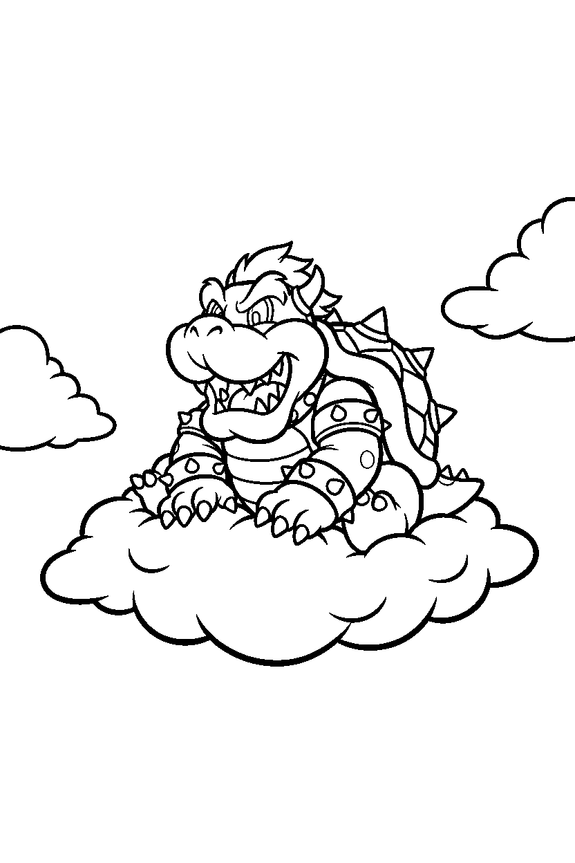 bowser smiling happily in a cloud world line art
