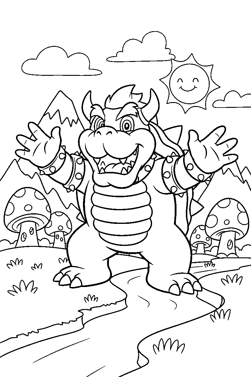 bowser smiling happily in a fantasy land line art