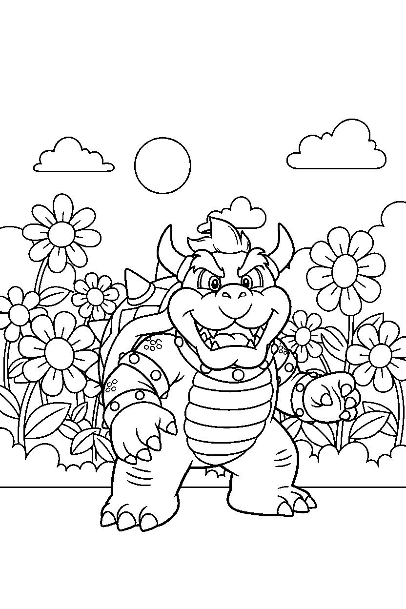 bowser smiling happily in a flower field line art
