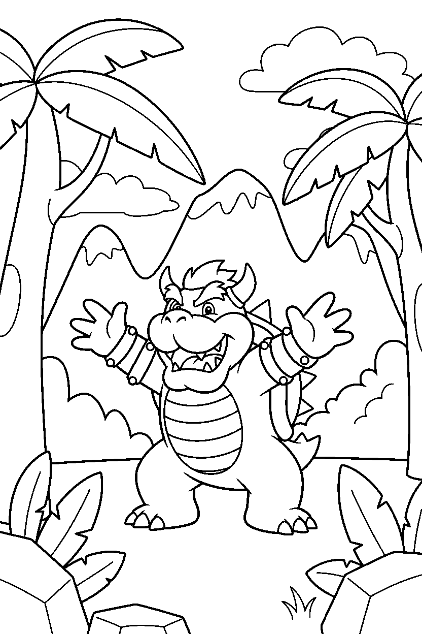 bowser smiling happily in a jungle level line art