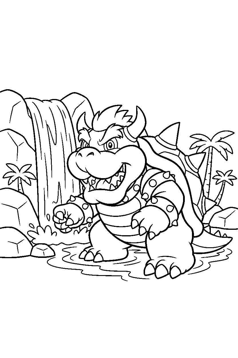 bowser smiling happily near a waterfall line art