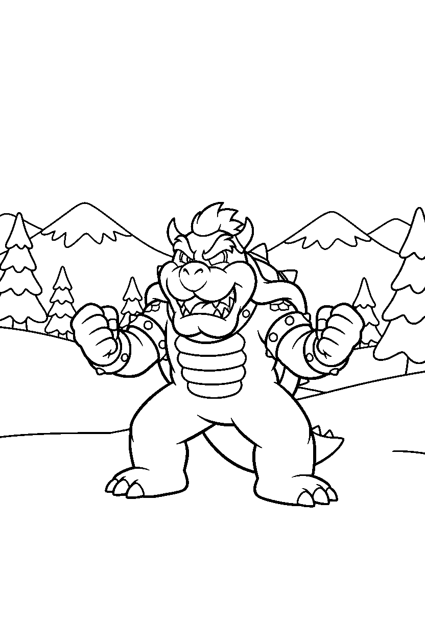 bowser standing bravely in a snowy level line art