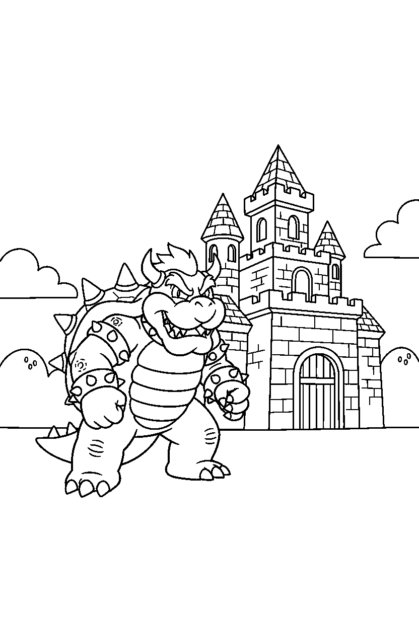 bowser standing bravely near a castle line art