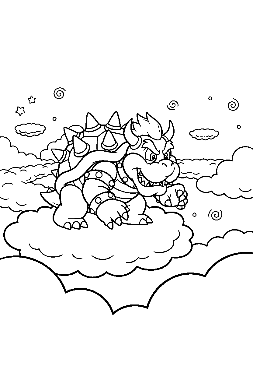 bowser walking carefully in a cloud world line art