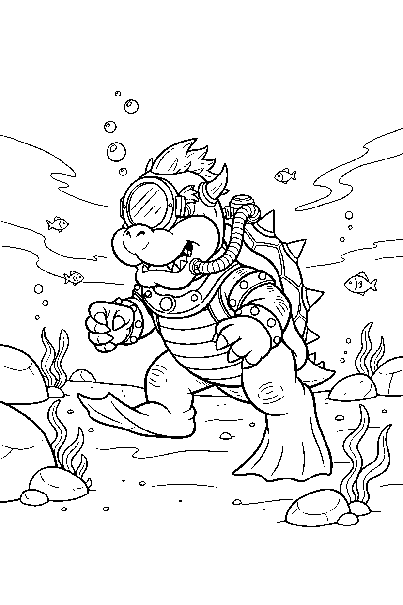 bowser walking carefully underwater line art