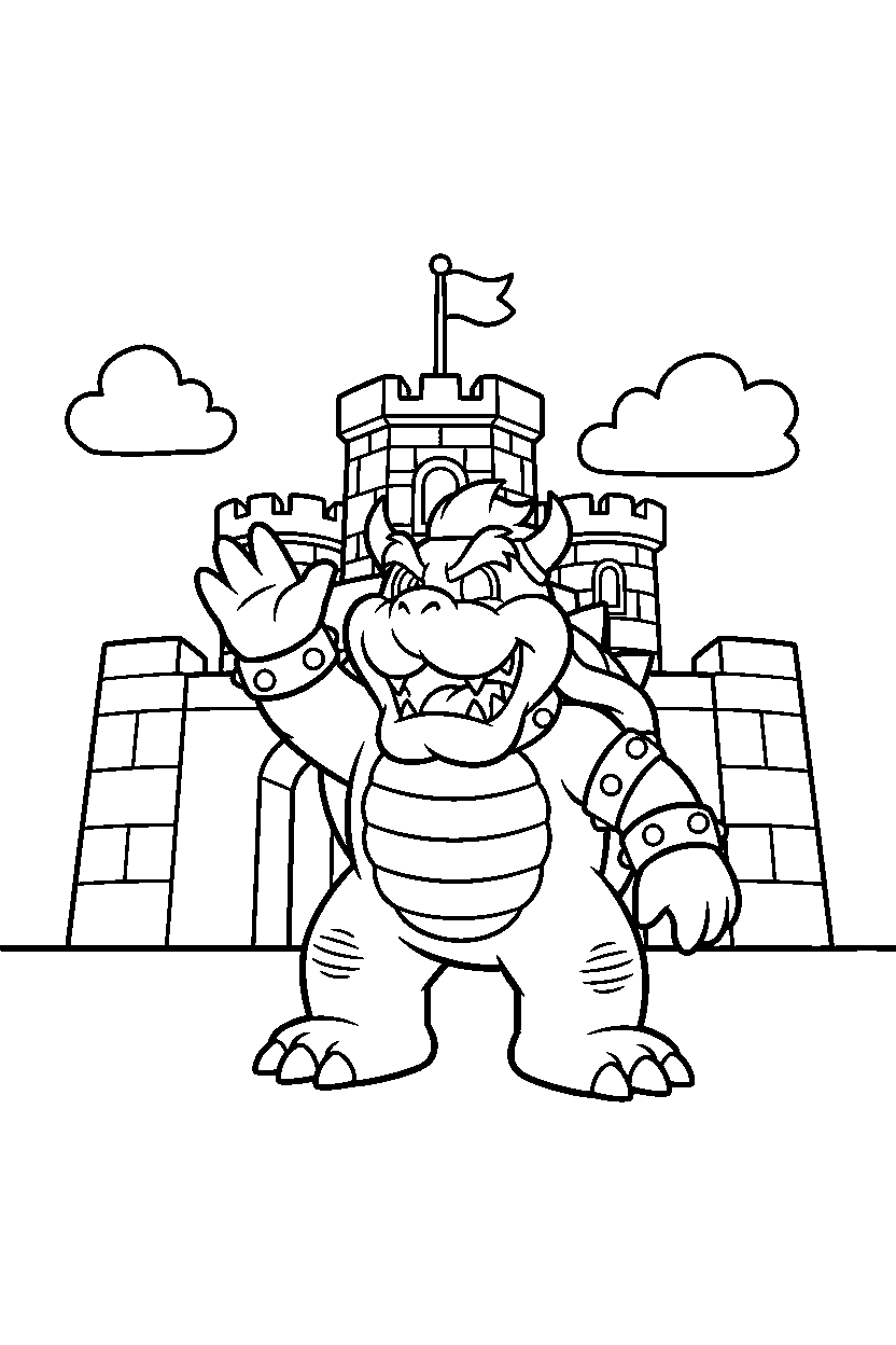 bowser waving happily near a fortress line art
